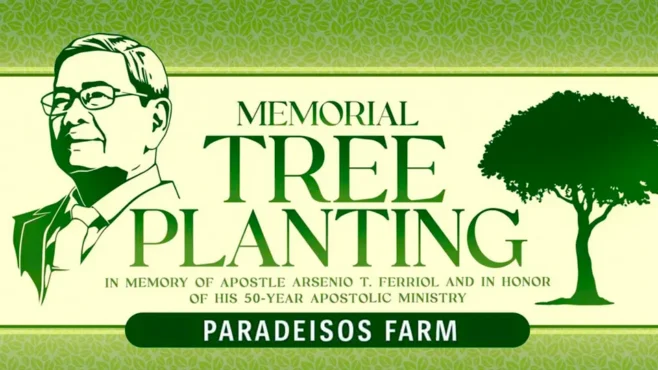 "Believers planting a memorial tree at Paradeisos Farm in honor of Apostle Arsenio Tan Ferriol’s 50-year ministry, celebrating his legacy of faith."