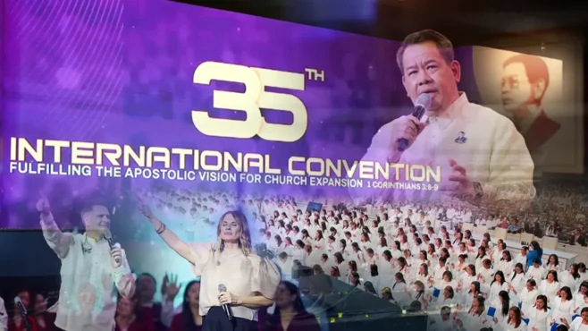 "Attendees at the 35th International Convention Closing, dedicating themselves to God’s End-Time Mission with prayer and commitment."
