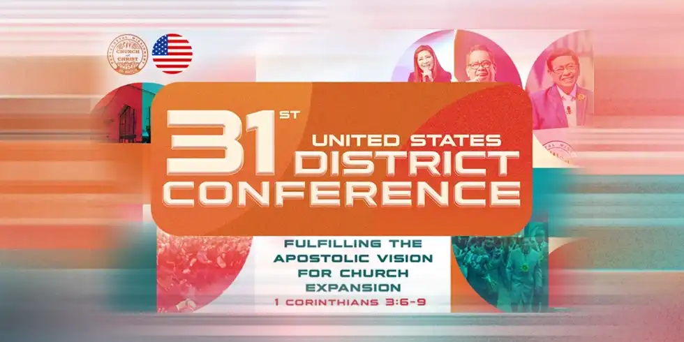 A large church conference in the United States with thousands of attendees gathered in a worship hall, featuring a stage with speakers, choir performances, flag procession, and participants engaged in praise, teaching sessions, and fellowship.