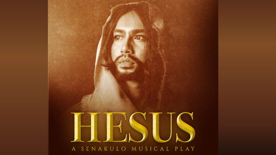 A live theatrical performance of "HESUS: A Senakulo Musical," depicting the life, death, and resurrection of Jesus Christ, with actors in costume performing scenes on stage.