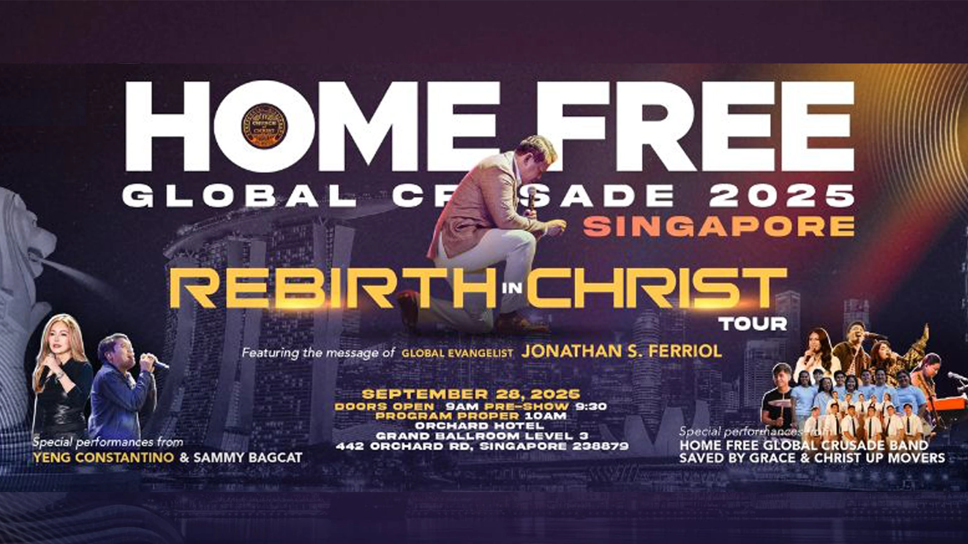 Thousands worship during the Home Free Global Crusade 2025 Singapore at Orchard Hotel Grand Ballroom, witnessing a powerful move of God.